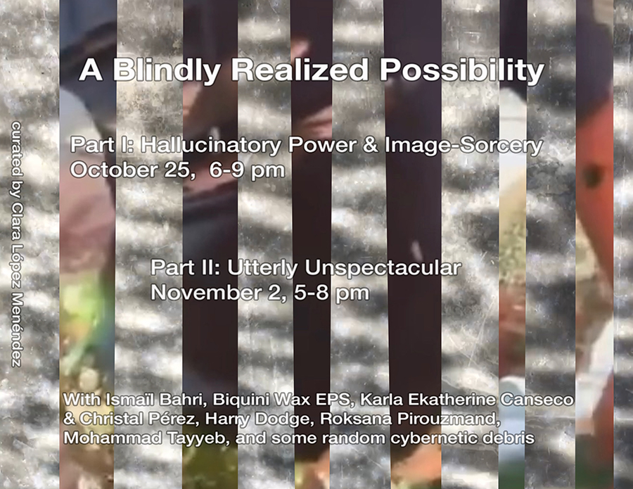 A Blindly Realized Possibility<br>Part I: Hallucinatory Power & Image-Sorcery<br>Date: October 25, 6â€“9 PM<br><br>Part II: Utterly Unspectacular<br>Date: November 2, 5â€“8 PM